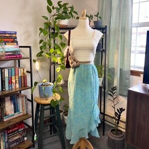 Vintage Y2K Blue Ruffle Fairy Skirt Size Large Paisley Print Cottagecore